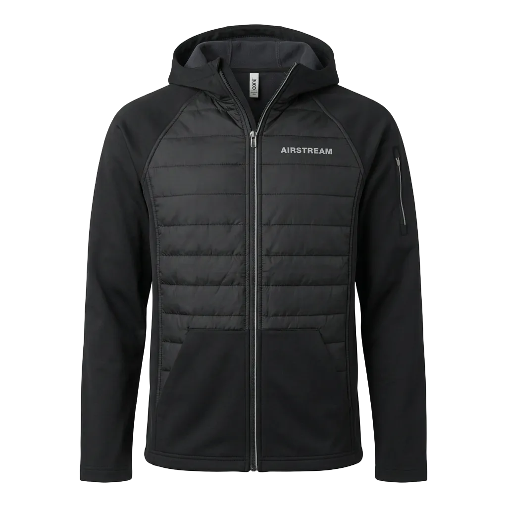 Black jacket with insulation pieces and nylon stretch. Full zip with hood. 
