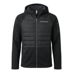 Black jacket with insulation pieces and nylon stretch. Full zip with hood. 