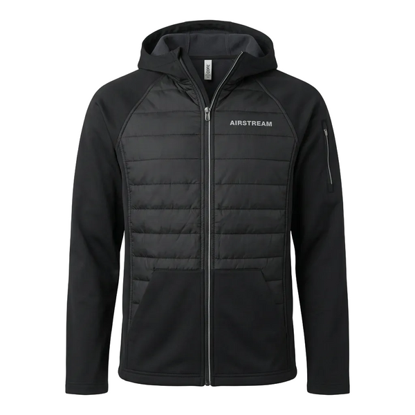 Black jacket with insulation pieces and nylon stretch. Full zip with hood. 