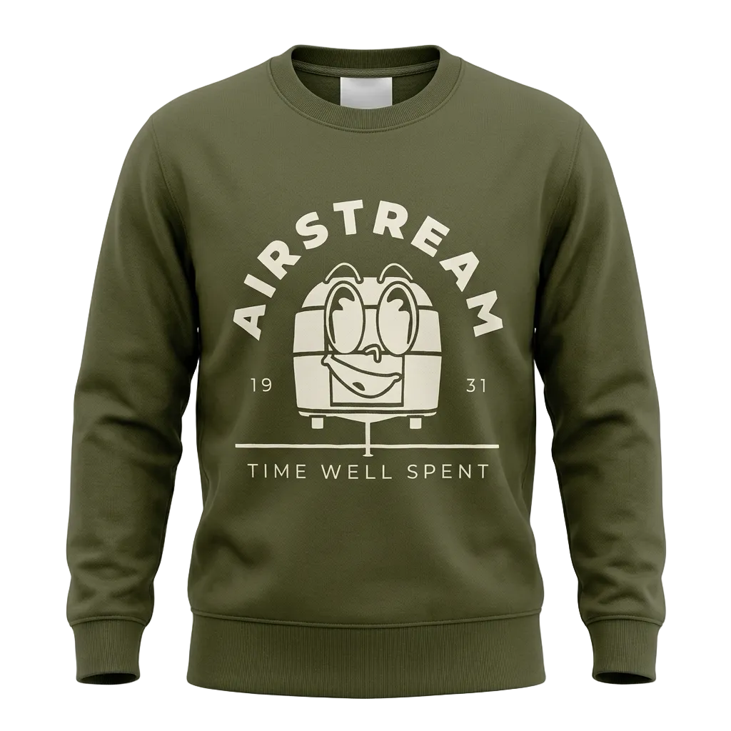 Olive green crew neck sweatshirt with "Airstream time well spent" and a trailer character across the front