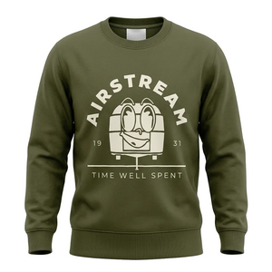 Olive green crew neck sweatshirt with "Airstream time well spent" and a trailer character across the front