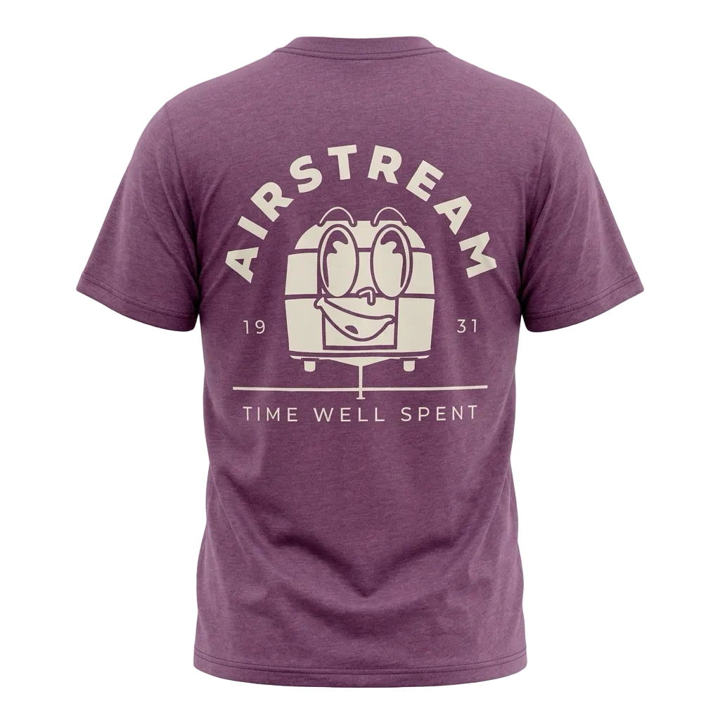 purple heathered shirt with "AIRSTREAM TIME WELL SPENT" across the back and a trailer character