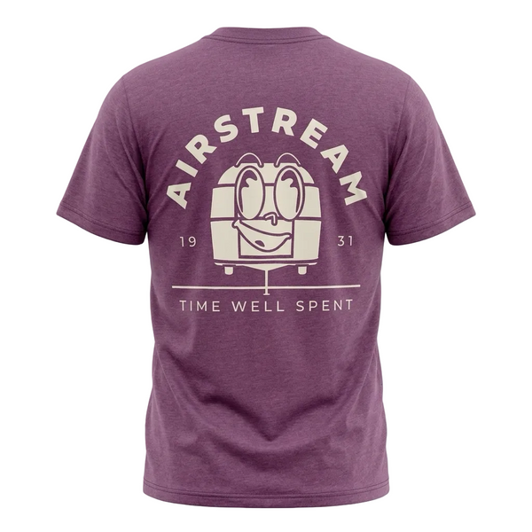 purple heathered shirt with "AIRSTREAM TIME WELL SPENT" across the back and a trailer character