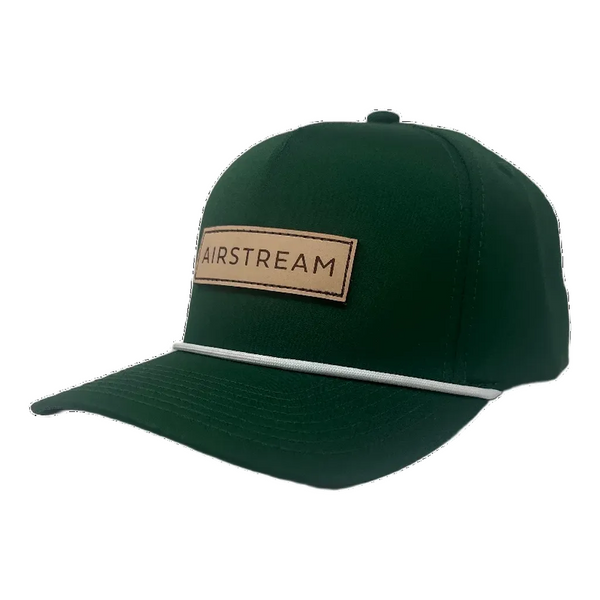 Dark green trucker hat with white rope detail. Leather Airstream patch
