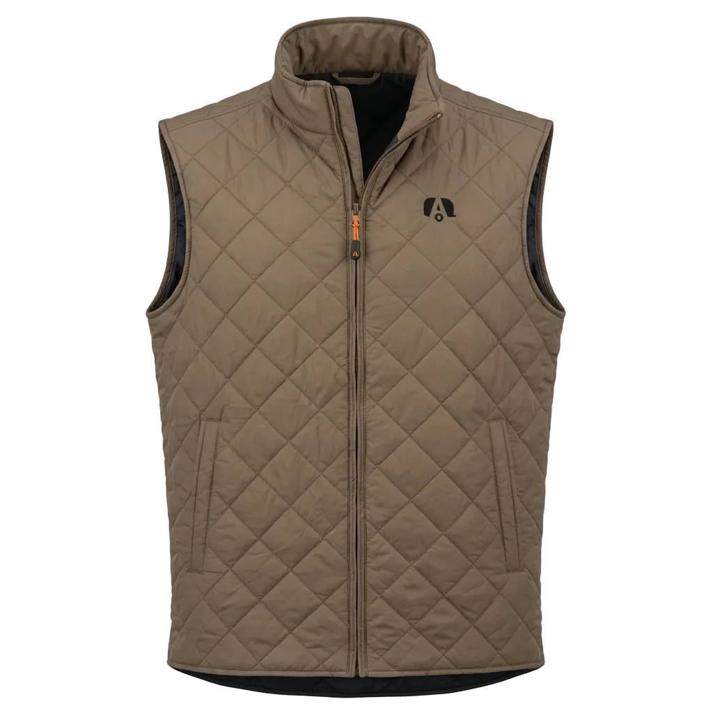 Taupe quilted vest in the shape of diamonds with black Airstream A logo on the left chest. 
