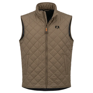 Taupe quilted vest in the shape of diamonds with black Airstream A logo on the left chest. 