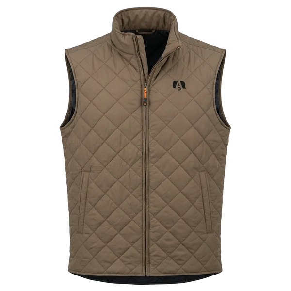 Taupe quilted vest in the shape of diamonds with black Airstream A logo on the left chest. 