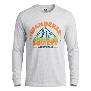 Grey heathered long sleeve t-shirt with "Wander Society Airstream" Across the chest with mountains. 