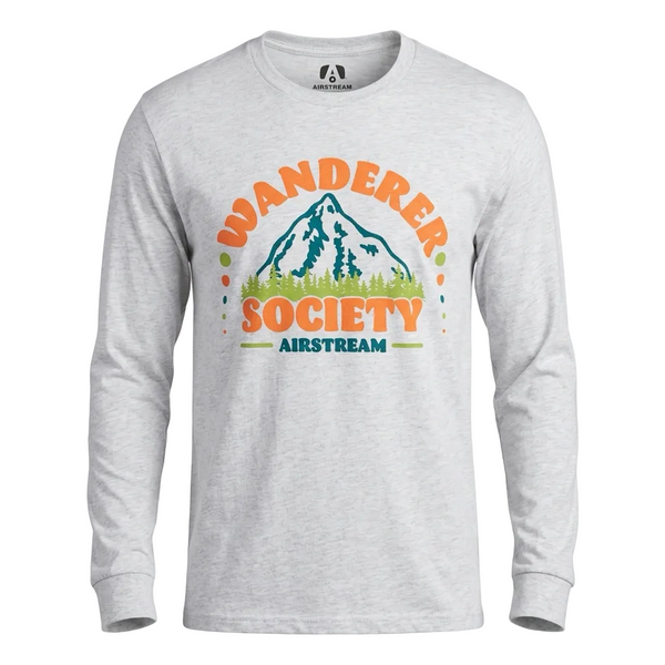 Grey heathered long sleeve t-shirt with "Wander Society Airstream" Across the chest with mountains. 