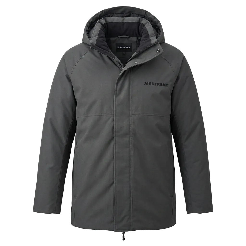 Grey longer parka coat with hood. Airstream across the chest. 
