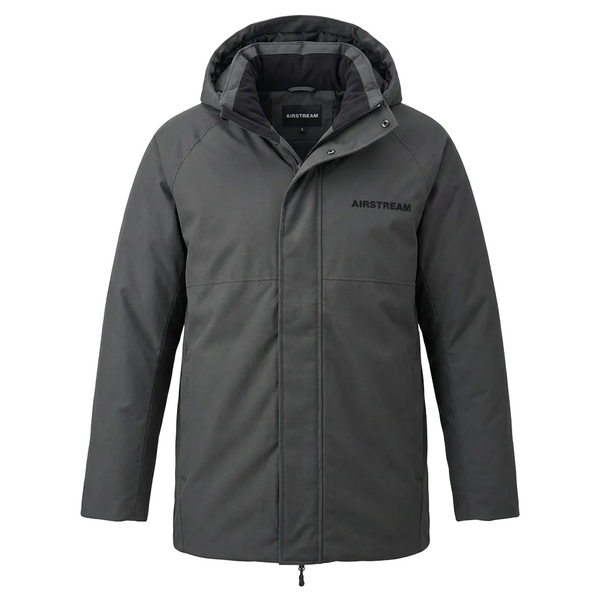 Grey longer parka coat with hood. Airstream across the chest. 