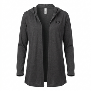 Introducing the Airstream Women’s Perfect Tri-Hooded Cardigan: a dark gray, long-sleeve, open-front lightweight hoodie crafted from an ultra-soft tri-blend fabric. Designed for comfort and breathability, it features a subtle logo on the left chest and a clean look with no visible fasteners—making it an ideal companion for any Airstreamer on the go.