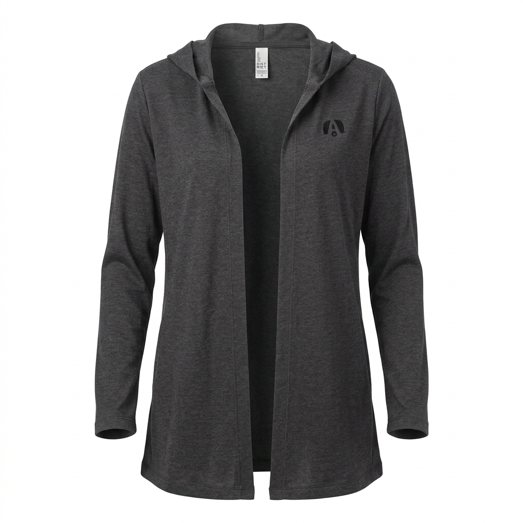 Introducing the Airstream Women’s Perfect Tri-Hooded Cardigan: a dark gray, long-sleeve, open-front lightweight hoodie crafted from an ultra-soft tri-blend fabric. Designed for comfort and breathability, it features a subtle logo on the left chest and a clean look with no visible fasteners—making it an ideal companion for any Airstreamer on the go.