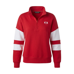 A red and white quarter-zip sweatshirt with a small white logo on the left chest, displayed on a clean white background.