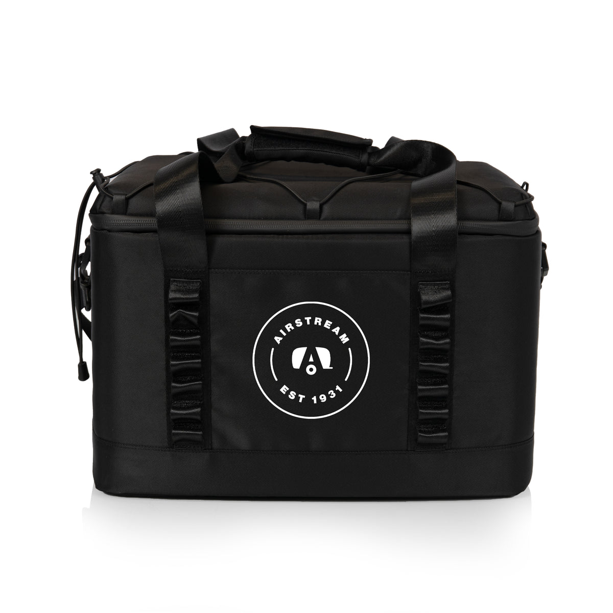 The Airstream Superthick Recycled Cooler is a black, soft-sided insulated bag with handles and a shoulder strap, featuring a white circular “Airstream EST 1931” logo on the front, shown against a plain white background. Thoughtfully crafted from recycled water bottles, this cooler bag offers an eco-friendly touch.