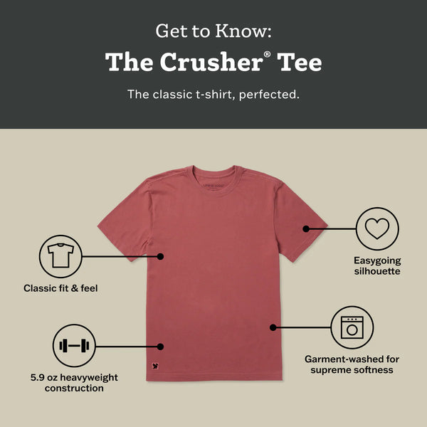 Red t-shirt with features labeled on a beige background