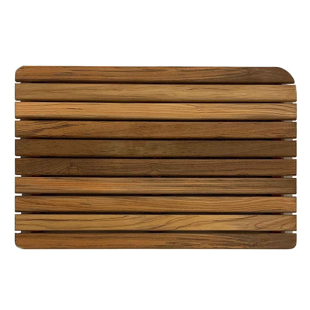 Crafted specifically for Airstream Basecamp, the Airstream Teak Shower Mats for Basecamp feature a rectangular design with alternating light and dark brown wooden slats and a subtly rounded top right corner. Built from durable teak, these mats offer both elegance and lasting performance—ideal for anyone seeking customized shower mat solutions for their bathroom or RV.