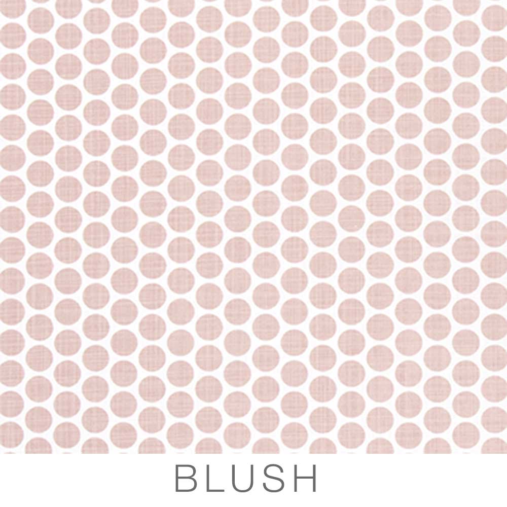 A pattern of evenly spaced blush pink dots on a white background with the word BLUSH written below in gray capital letters—perfect for adding charm to your Placemats set.