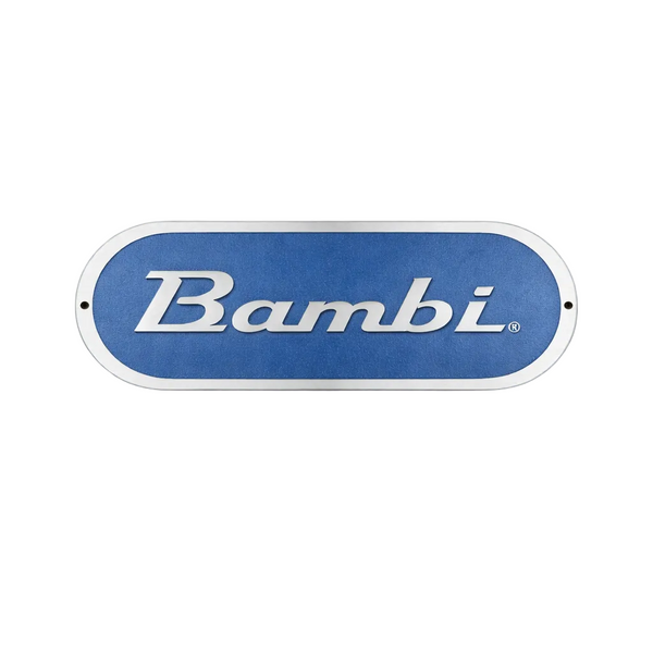 Blue oval sign with 'Bambi' logo on a white background