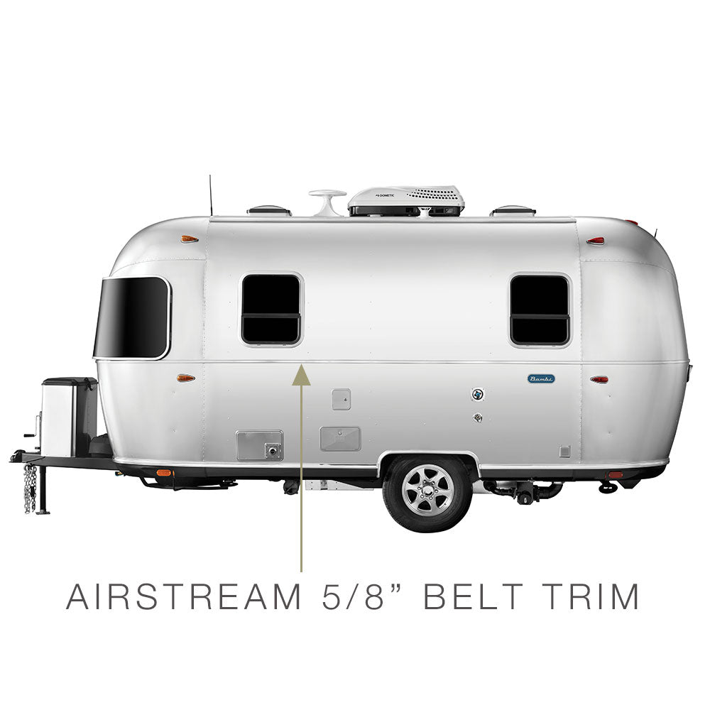 Side view of a silver Airstream travel trailer with an arrow pointing to the belt trim and text reading “AIRSTREAM PREMIUM REPLACEMENT BELT TRIM FOR TRAVEL TRAILERS” below the trailer, highlighting this essential aluminum accessory as a must-have for maintaining your Airstream’s exterior.