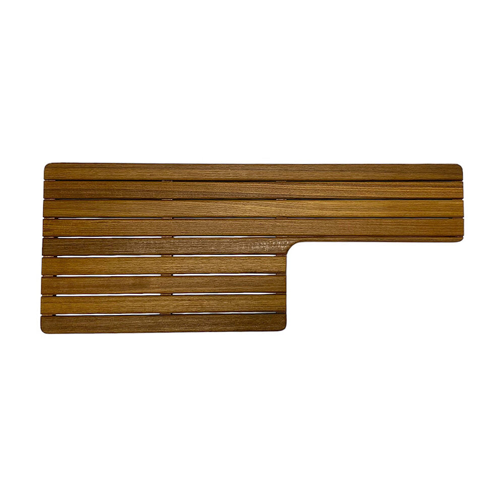 An L-shaped rectangular board crafted from smooth-finished wood with horizontal slats throughout, the Airstream Teak Shower Bench for Trade Wind Travel Trailers features a distinctive notch on one side inspired by classic Airstream design—making it a stylish and practical addition to your collection of custom Airstream accessories.