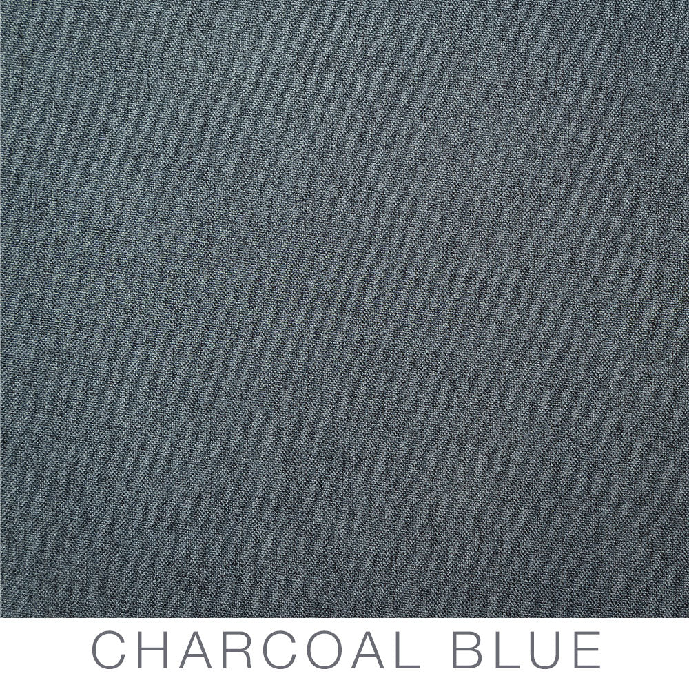 A close-up of a fabric swatch in a dark blue-gray color, labeled Charcoal Blue at the bottom. This elegant material is perfect for creating stylish Placemats to enhance any dining setting.
