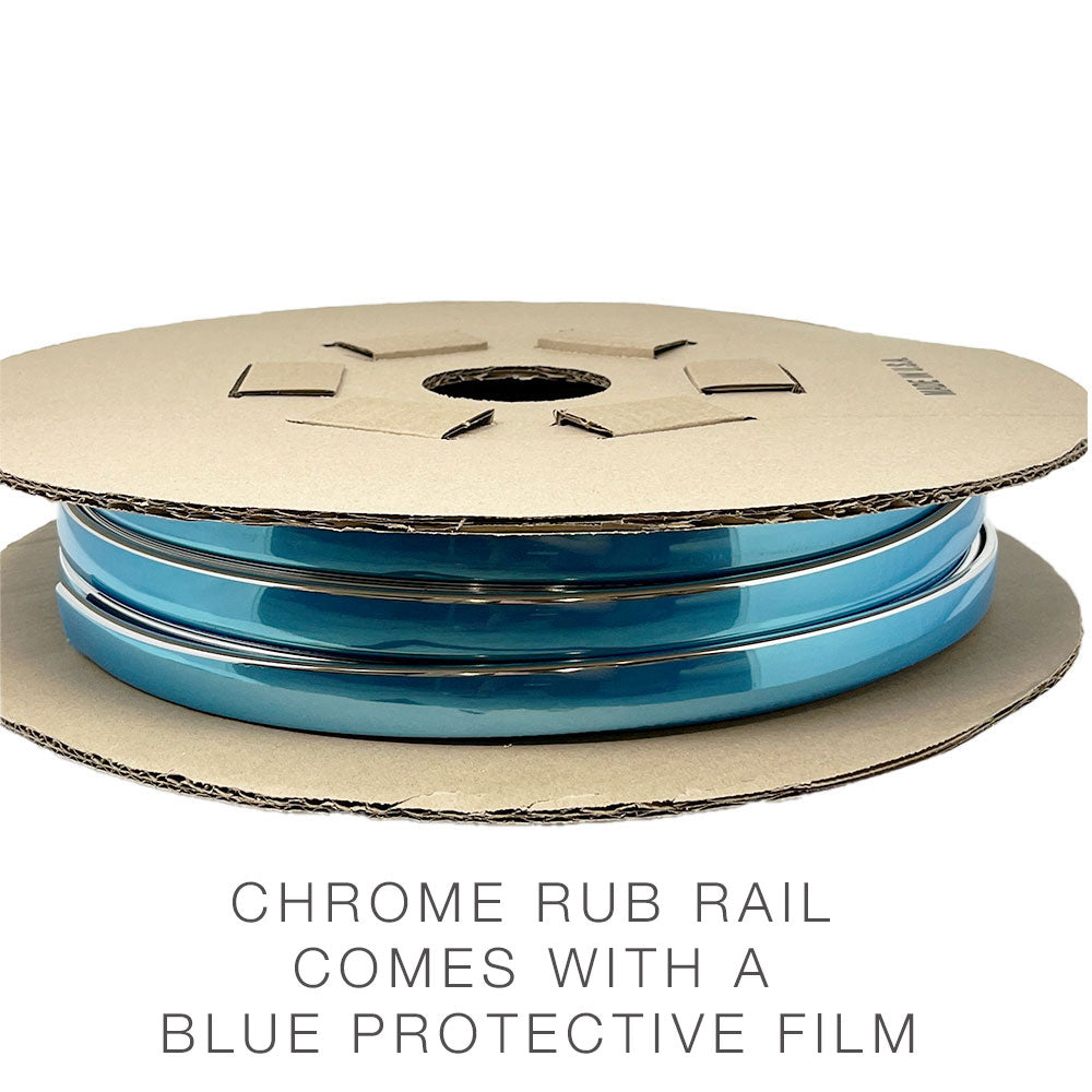 A spool of Airstream Premium Replacement Rub Rail for Travel Trailers—chrome rub rail with blue protective film—is secured between two cardboard discs. Text below reads: CHROME RUB RAIL COMES WITH A BLUE PROTECTIVE FILM. Perfect for restoring the iconic look of your riveted aluminum Airstream.