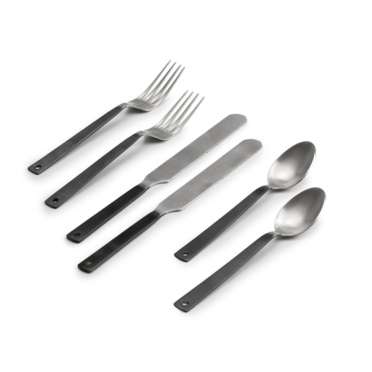 Three Flatware Sets by Barebones—each including a fork, knife, and spoon—are arranged side by side on a white background. The utensils feature straight, dark handles with small holes at the ends, reflecting the clean lines of this minimalist flatware set.