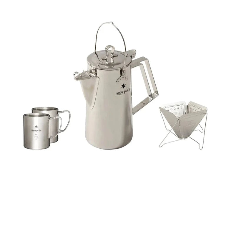 The Camping Coffee Set by Snow Peak, featuring a tall stainless steel percolator, two mugs, and a foldable portable pour over coffee dripper, is displayed on a white background—ideal for brewing fresh coffee wherever your adventures lead.