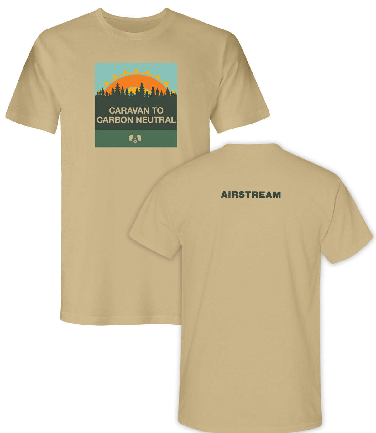 The Airstream Caravan to Carbon Neutral T-Shirt is tan and features a front graphic with trees, a sun, the words “Caravan to Carbon Neutral,” and a small trailer icon below the design. The back displays “Airstream” in black, centered near the top.