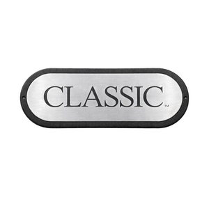 Metallic oval sign with 'CLASSIC' text on a white background
