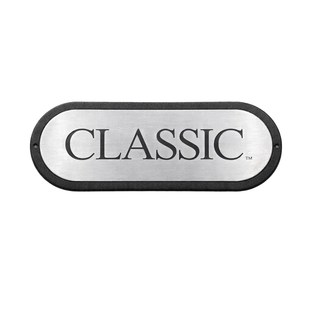 Metallic oval sign with 'CLASSIC' text on a white background