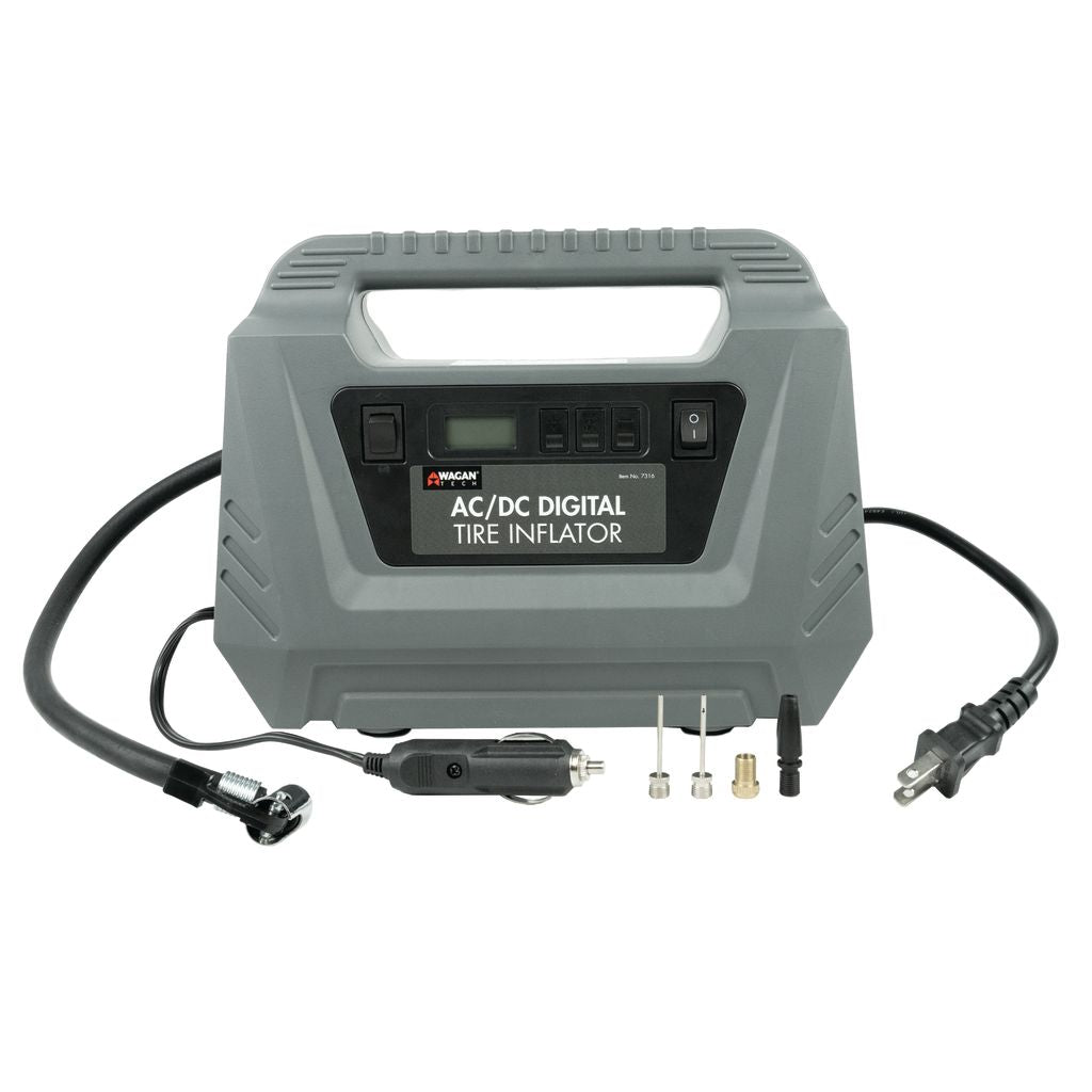 The AC/DC Digital Tire Inflator is shown in gray with a sturdy handle, easy-to-read display, hose, DC car adapter, AC plug, and three nozzle attachments arranged in front. Designed for convenience and safety, this digital tire inflator includes an automatic shut-off feature.