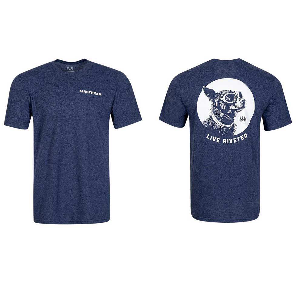 The Airstream Dog with Goggles Tri-Blend T-Shirt is a navy blue unisex tee featuring “AIRSTREAM” on the front left chest and a fun graphic of a goggle-wearing dog inside a white circle with the phrase “LIVE RIVETED” on the back—perfect for Airstream enthusiasts and dog lovers alike.