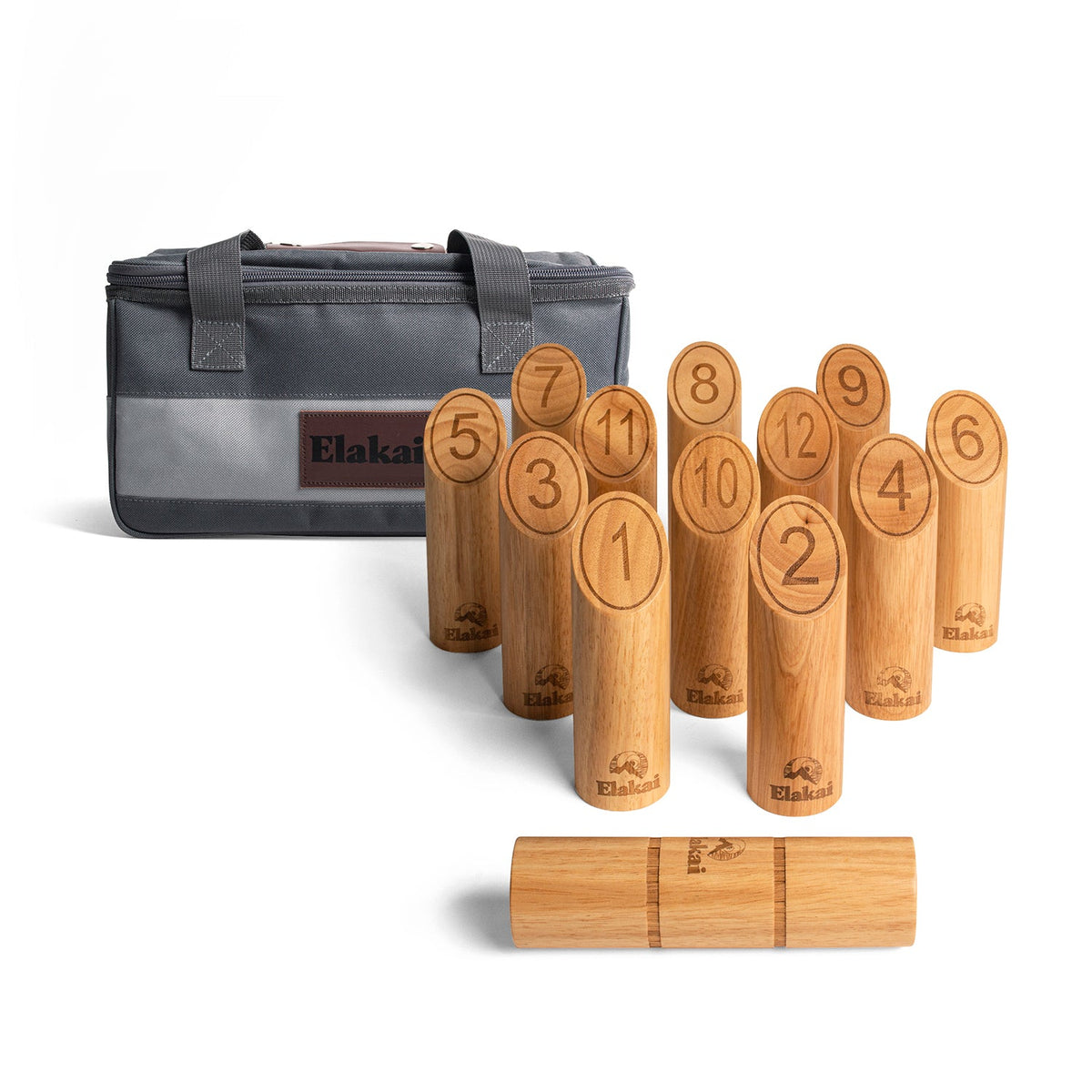 The Social Scatter Game by Elakai is a wooden yard game set that includes 12 numbered pins, wooden batons, a throwing stick, and a gray carrying bag. Both the pins and the stick are engraved with the Elakai brand name, making this game ideal for outdoor team gatherings.
