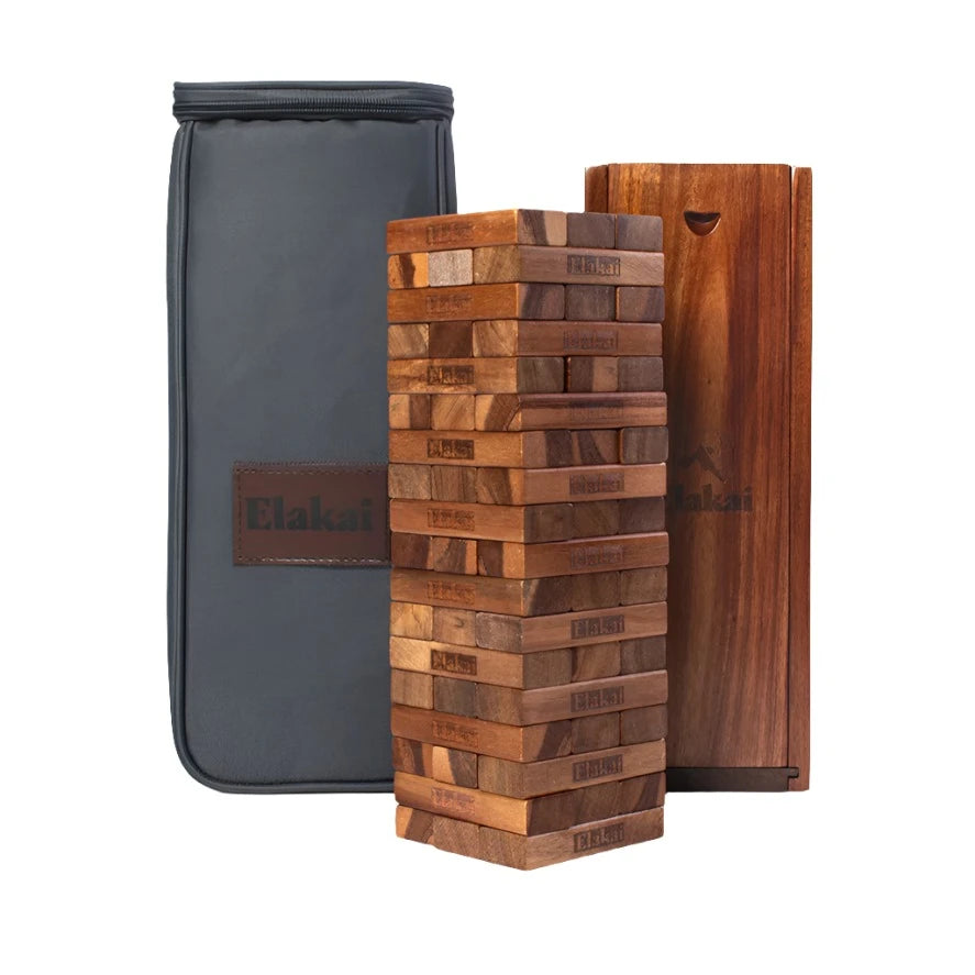 Introducing the Acacia Mountain Blocks—a large wooden block game set reminiscent of Jenga. Each acacia wood block and its containers are engraved with “Elakai,” and the set includes a dark carrying case alongside a premium wooden storage box. Ideal for outdoor fun, this Giant Blocks Game provides endless entertainment at gatherings and parties.