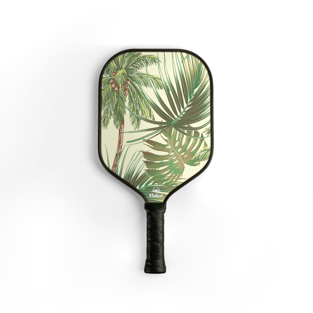 Introducing the 13MM Tropical Palms Pickleball Paddle, featuring a stylish design of green and brown tropical palm leaves on a cream background. Expertly crafted with high-performance materials, this paddle also comes equipped with a black, textured handle to provide superior grip and control.