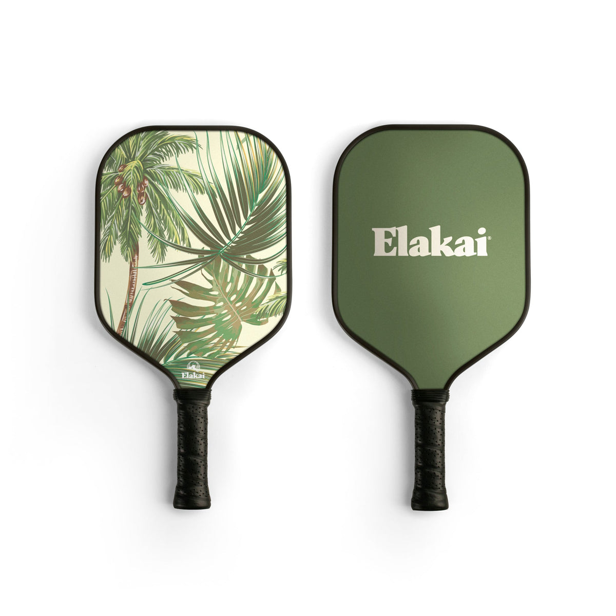 Two 13MM Tropical Palms Pickleball Paddles: one showcases a vibrant green leafy palm design, while the other is solid green with “Elakai” printed in white. Both paddles are crafted from high-performance materials, feature black handles, and are displayed side by side on a plain white background.