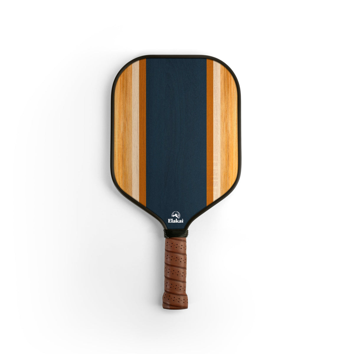 Introducing the 16MM Woody Surf Pickleball Paddle, expertly crafted with high-performance materials and designed with a dark blue center, light brown wood sides, vertical tan stripes, and a brown perforated grip. Shown against a white background.