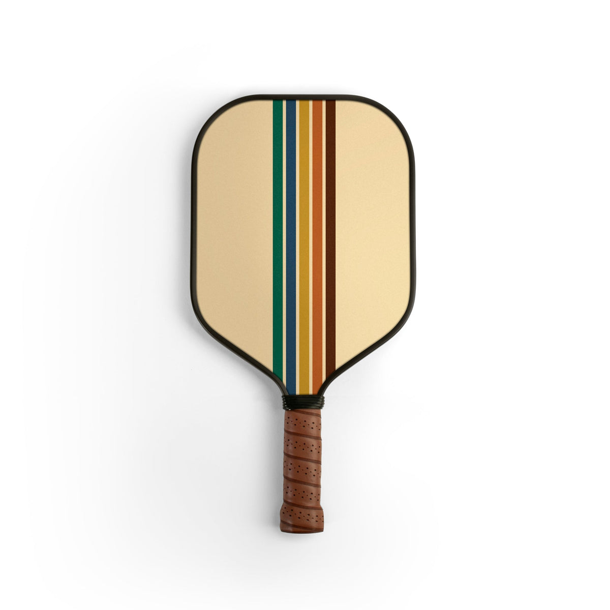 Introducing the 16MM Retro Stripes Pickleball Paddle by Elakai Pickleball Paddles, showcasing a beige face adorned with three vertical stripes in blue, orange, and brown. Designed with high-performance materials and a textured brown grip, this paddle is presented against a white background.