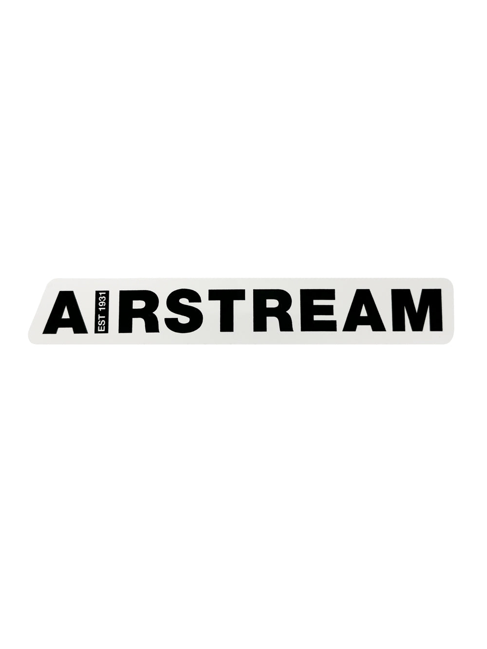 The Airstream 1931 Logo Sticker is a white, rectangular sticker displaying the word “AIRSTREAM” in bold black letters—a tribute to travel independence. A small black box with “EST 1931” in white appears before the letter “I,” all set against a plain white background.