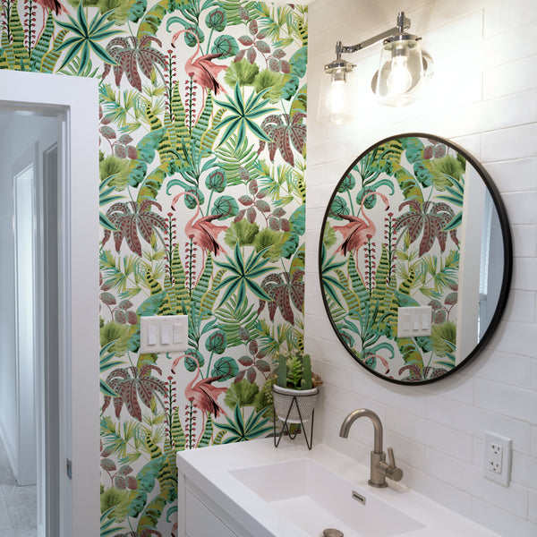 green flamingo daydream peel stick wallpaper bathroom