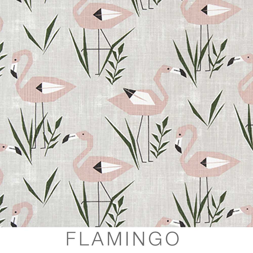 Featuring a lively pattern of pink geometric flamingos and green leaves on a light beige background, these Airstream Printed Custom Curtains for Caravel Travel Trailers add a playful, tropical flair to your space. Ideal for custom replacement curtains in your travel trailer, the design brings cheerful style to your decor. The word FLAMINGO is displayed in large gray letters beneath the design.