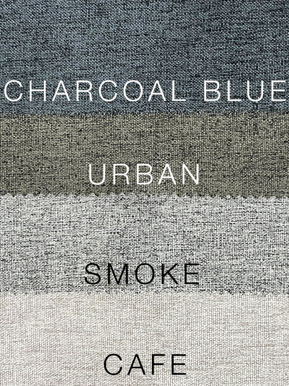 Introducing the Airstream Solid Custom Curtains for Pottery Barn Travel Trailers: four textured fabric swatches—Charcoal Blue, Urban, Smoke, and Cafe—each presenting a unique neutral shade of blue, green, gray, or beige. These sophisticated solid curtains are the perfect choice for those seeking to upgrade their Airstream interiors with stylish depth and timeless Pottery Barn-inspired elegance.