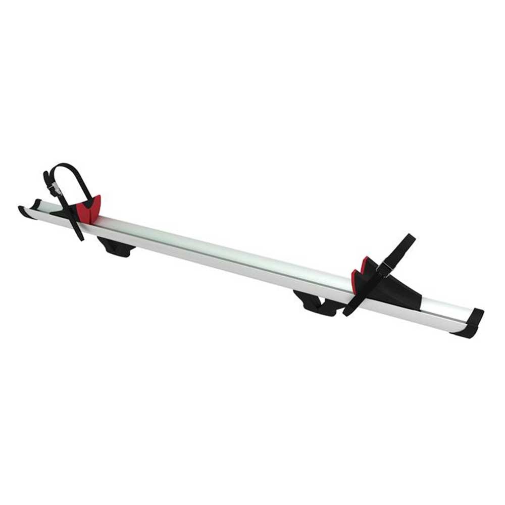 The Fiamma Carry-Bikes Replacement Rail for Wide Tire Bikes is a silver roof-mounted bicycle carrier equipped with black and red adjustable straps and supports, designed to securely hold a bike on the roof of your vehicle; it offers compatibility with wide tire bikes for versatile transportation options.