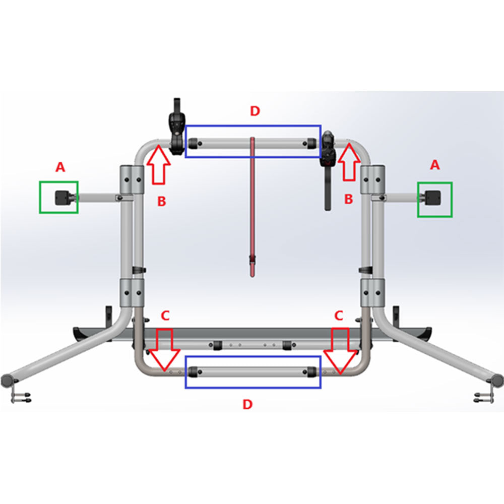 A set of metal frame retrofit parts for Airstream Carry-Bikes by Fiamma®, featuring adjustable arms and a central strap, designed in a style similar to original Fiamma bike racks. The diagram is divided into sections labeled A, B, C, and D with colored boxes and arrows highlighting individual components or installation steps—essential for safely considering the weight capacity when installing your bike rack.