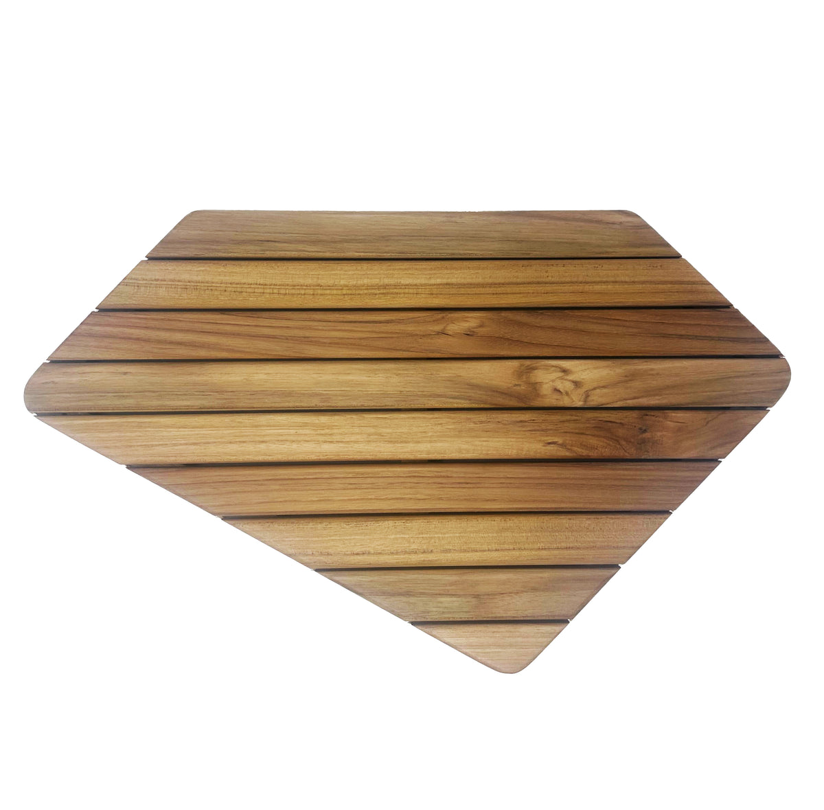 Airstream Teak Shower Bench for International Travel Trailers featuring horizontal grain patterns and smooth, rounded edges, displaying exquisite craftsmanship reminiscent of a diamond-shaped wooden cutting board, photographed on a white background.