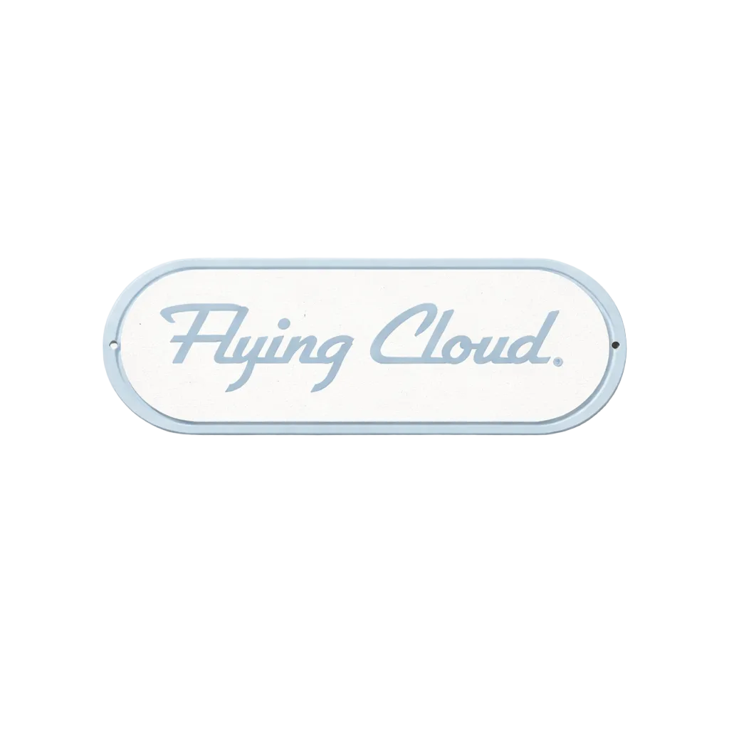 Decorative sign with 'Flying Cloud' text on a light gray background