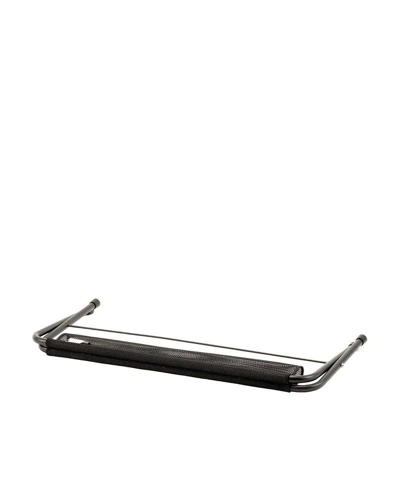 Introducing the Snow Peak Folding Mesh Bench in black metal, designed with a mesh center and collapsible frame for durability and portability. This ergonomic accessory, inspired by practical mesh bench design, features two side bars and a horizontal support—making it an elegant addition under your desk to enhance workplace comfort.