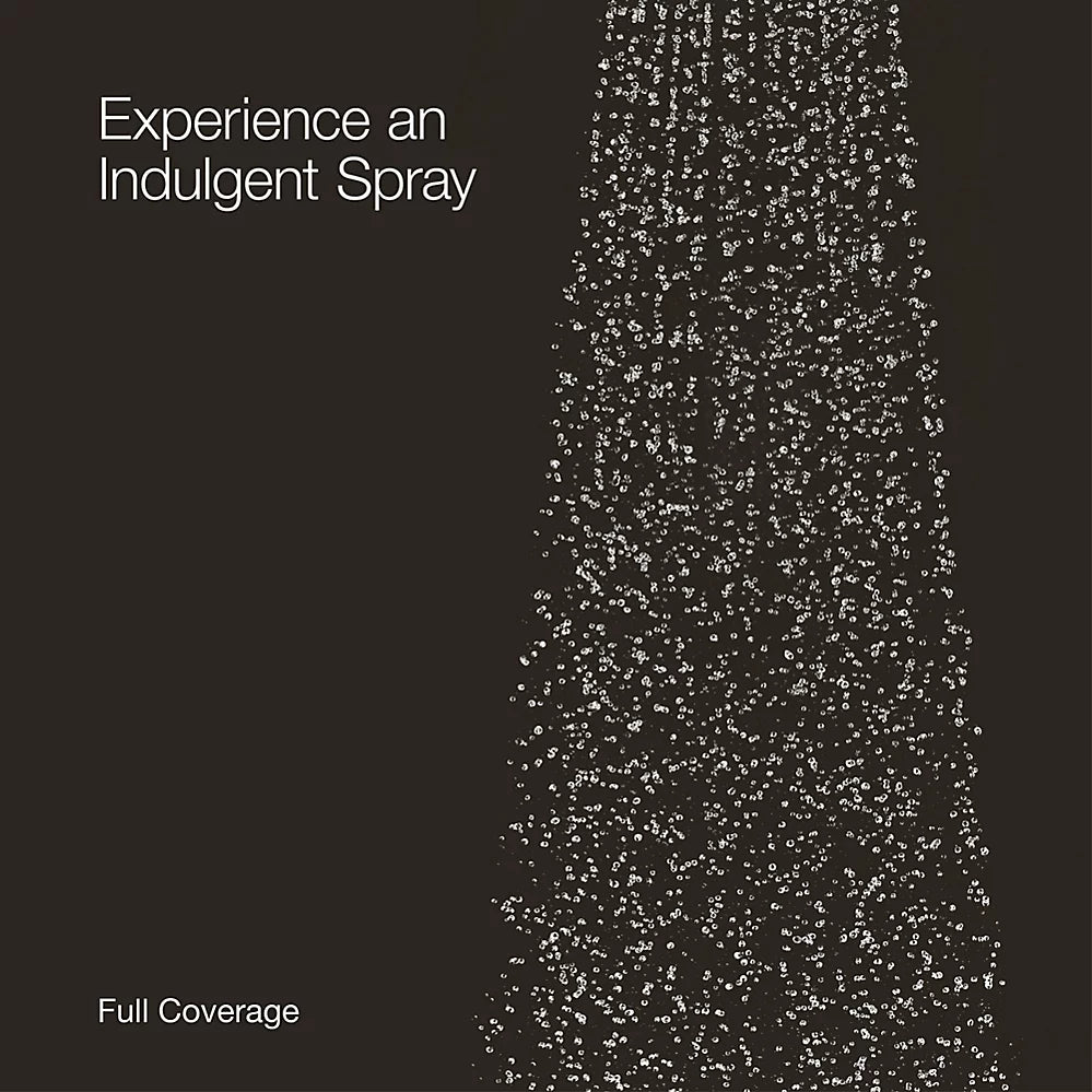 A spray of water droplets falls in a wide, even pattern on a black background. Text reads Experience an Indulgent Spray at the top and Full Coverage at the bottom. Featuring the eco-friendly Airstream Eco-Boost Shower Head (Part # 602402), enjoy full coverage while saving water without compromising on luxury.